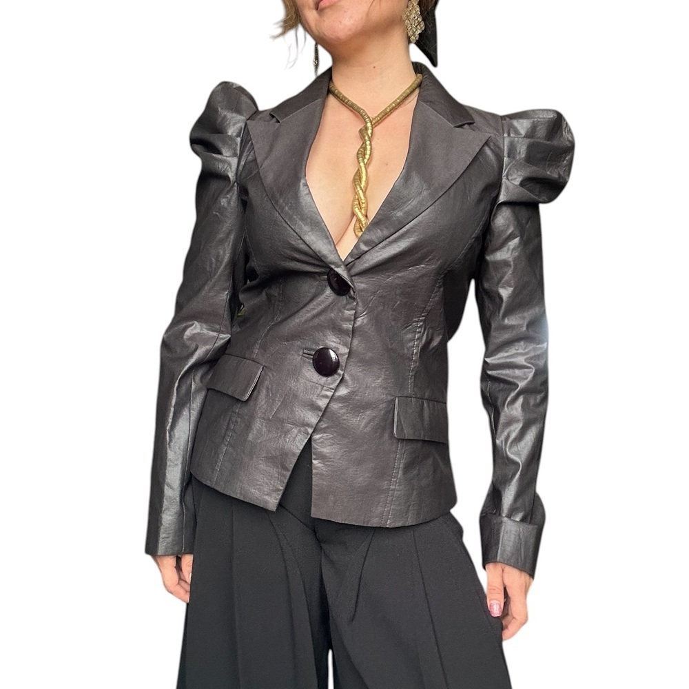 Only - Black Faux Leather Blazer Puff Shoulder Structured Small - Picture 6 of 10